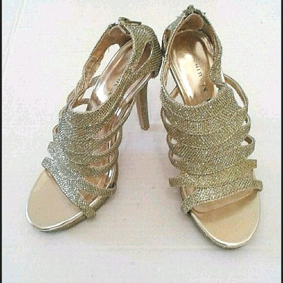 Chinese Laundry Gold Sparkly Open Toe Caged Strappy Platform Heels 6.5 - Picture 2 of 9